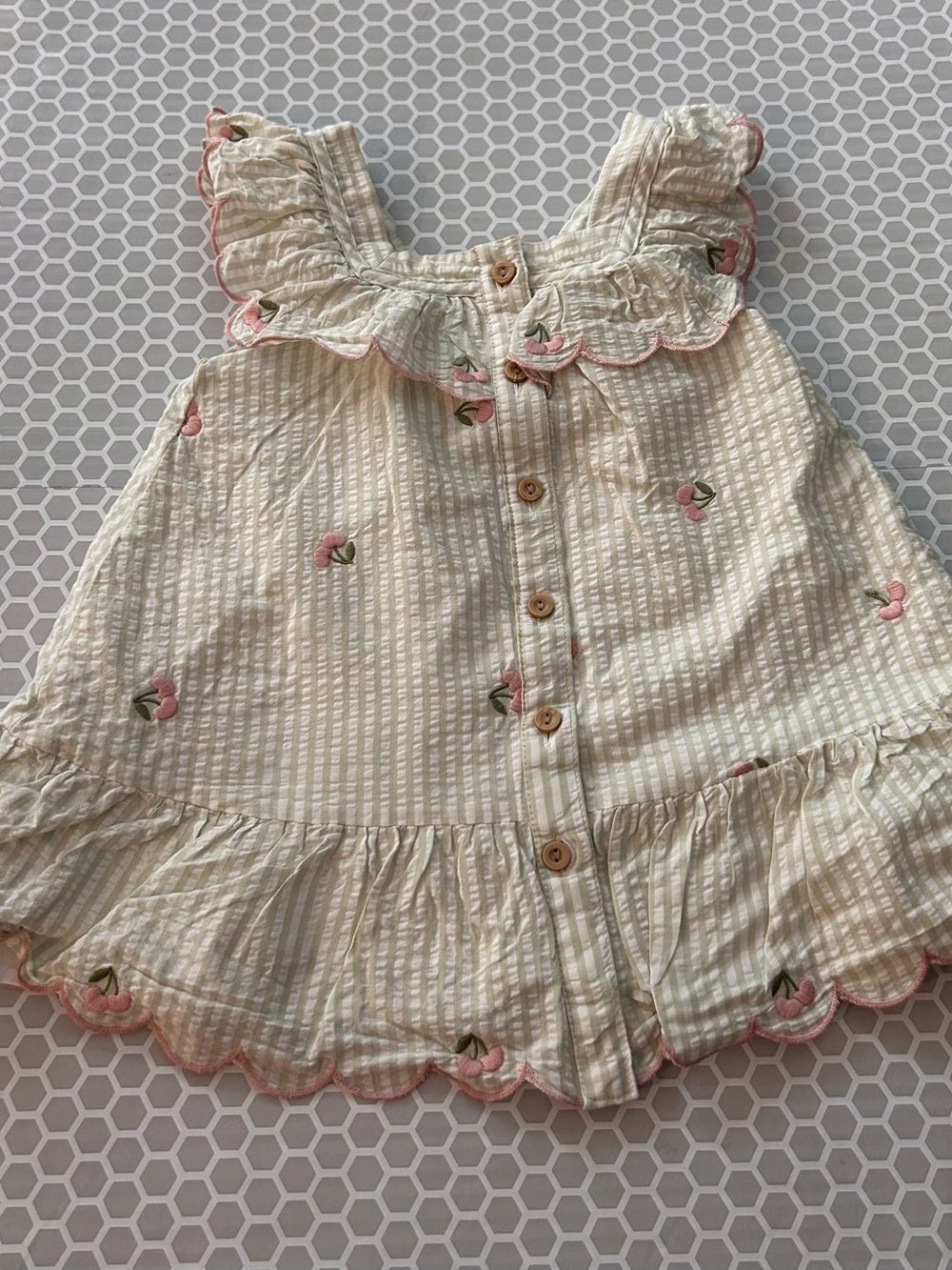 Happily Grey Cream Ruffle Dress  Pink Embroidery w Bow 100% Cotton. Size 5T